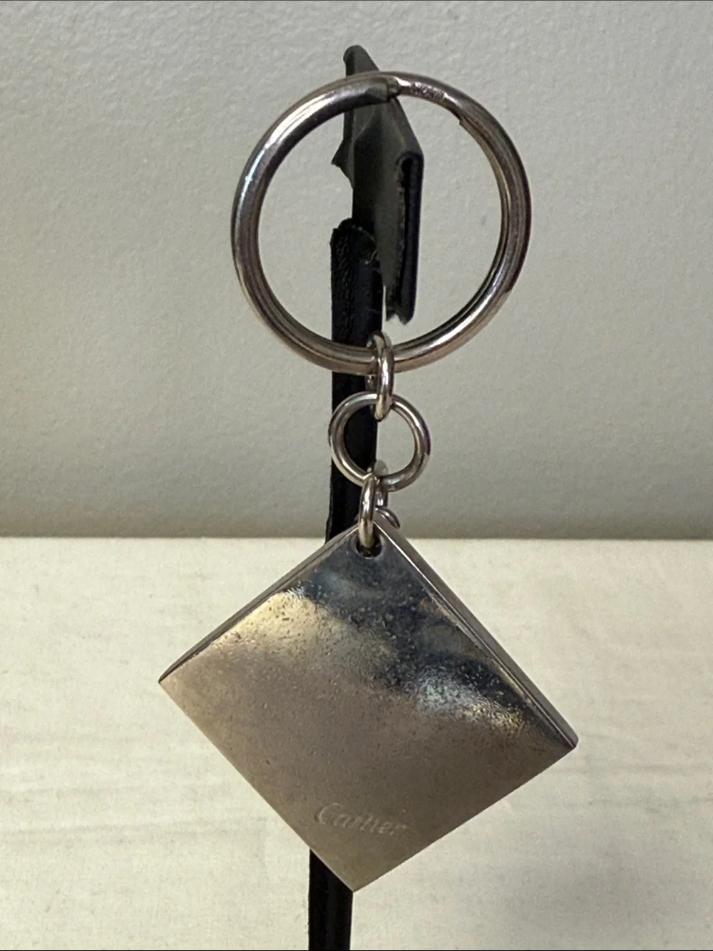Cartier 2C Logo Silver Tone Key Ring Bag Charm Diamond Shape Monogram